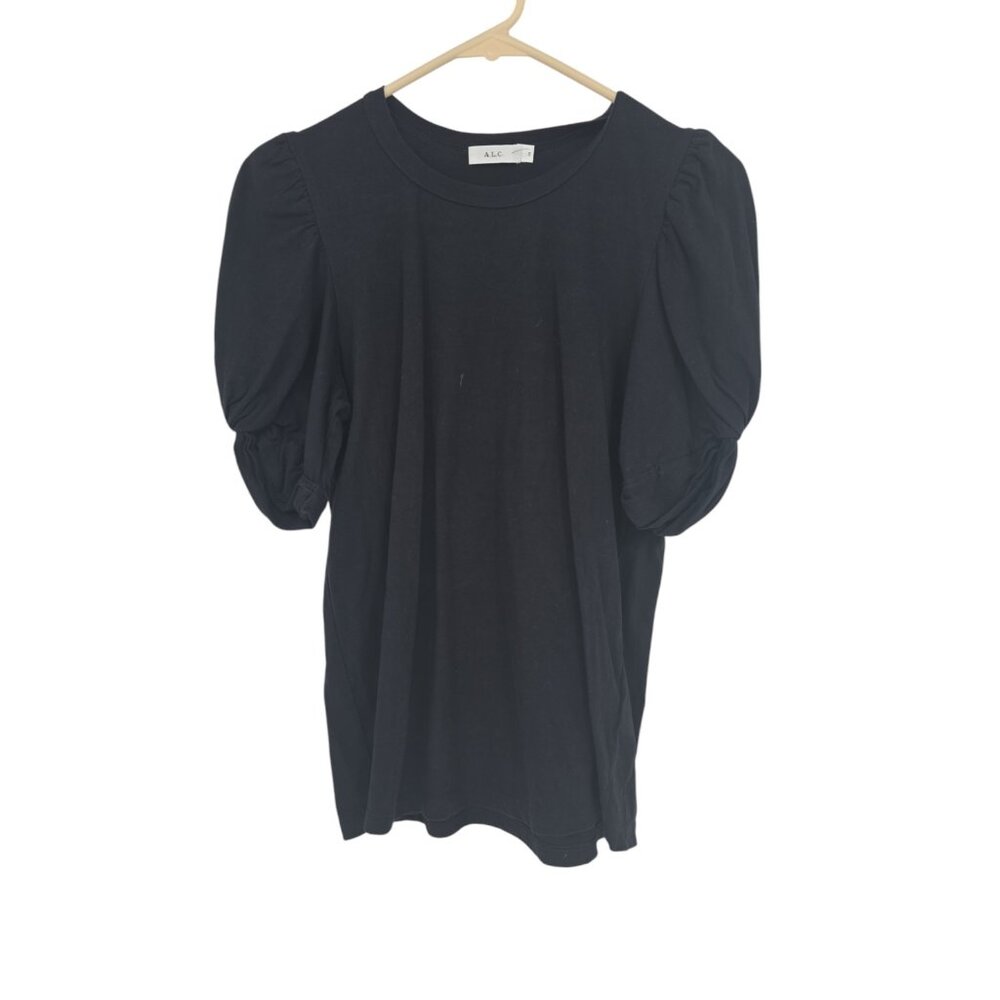A.L.C. Size Small Womens Top Black Puff Sleeve Cotton Crew Neck Shirt